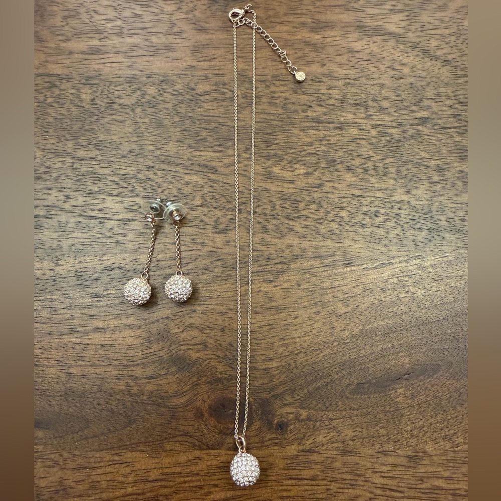 Rose Gold Pavé Crystal Ball Necklace & Drop Earrings Set